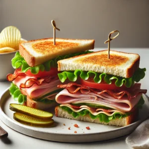 DALL·E-2024-07-07-17.27.44-A-delicious-club-sandwich-on-a-white-plate-with-a-visible-bite-taken-out-of-one-quarter.-The-sandwich-is-made-with-three-slices-of-toasted-bread-laye